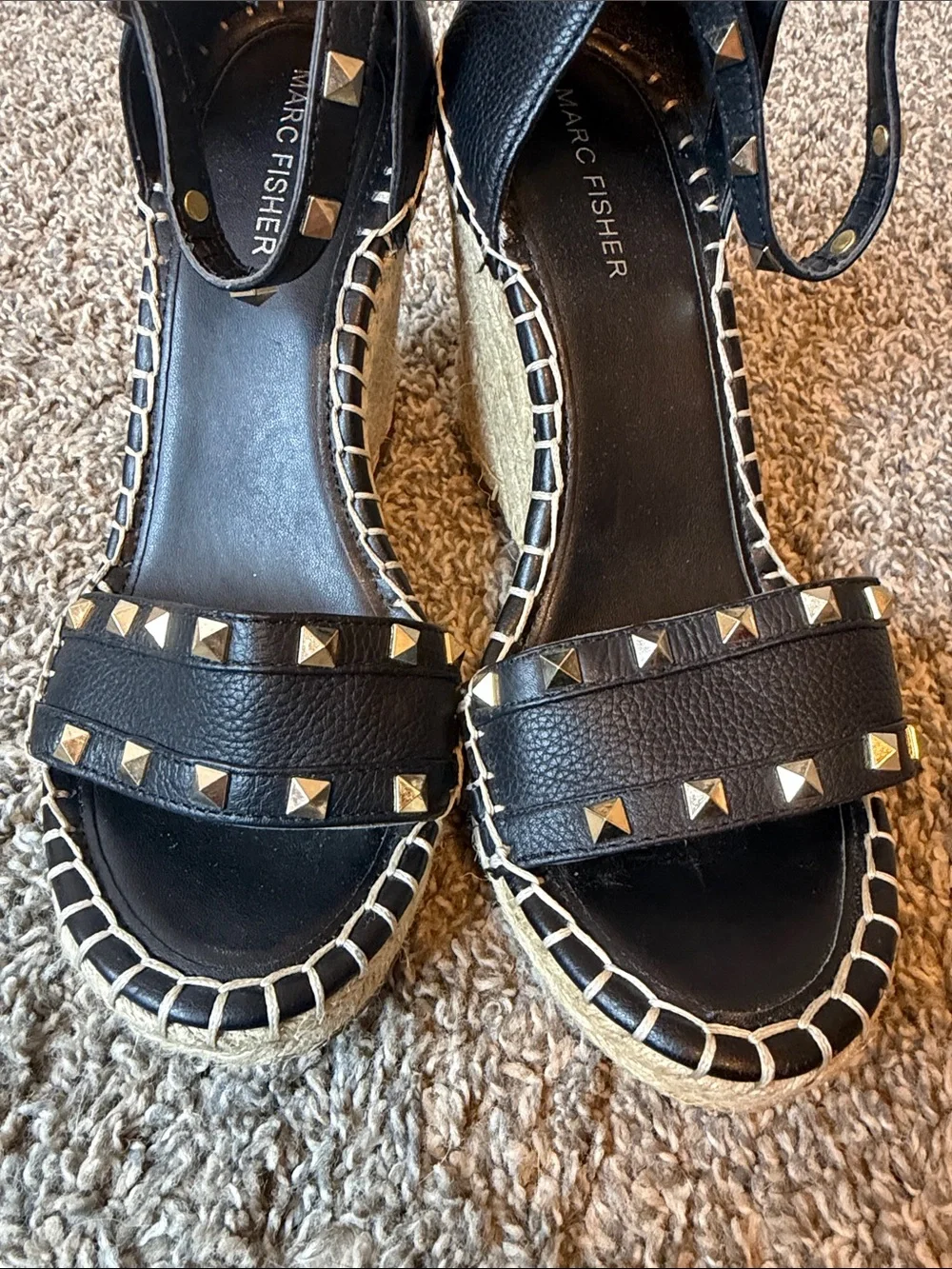 Marc Fisher Kegan Black Studded Espadrille Wedge Sandals